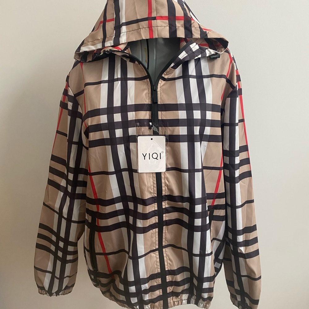 Women's Hooded Raincoat - Brown Plaid